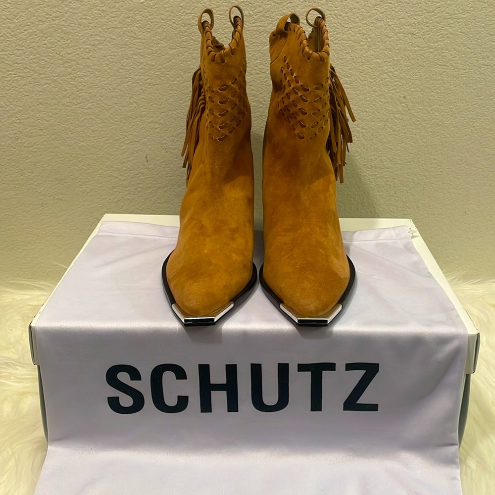 Schutz Alexxa Western Fringe Suede Cowboy Boots Brown Size 7.5 NWT - Picture 3 of 15